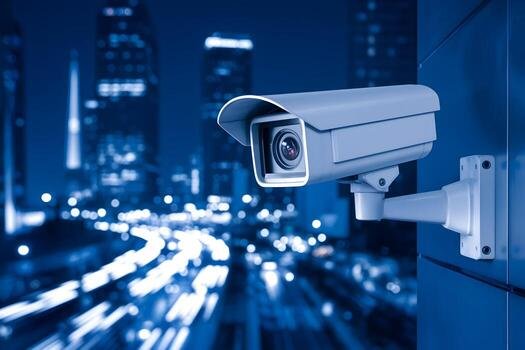 Home security camera overlooks urban cityscape emphasizing vigilant tech focused atmosphere photo